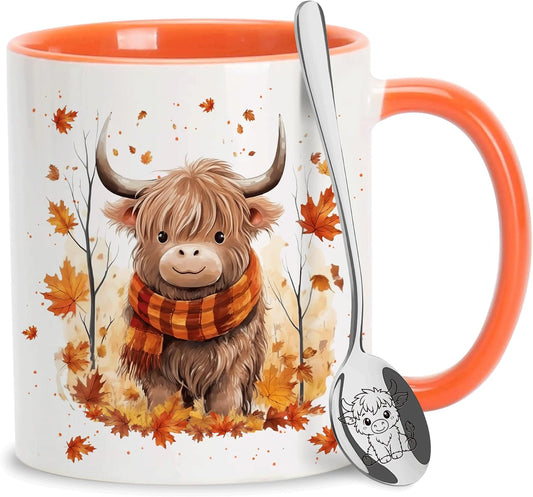 Hyturtle Fall Highland Cow Maple Leave Coffee Mug with Spoon Gift For Women