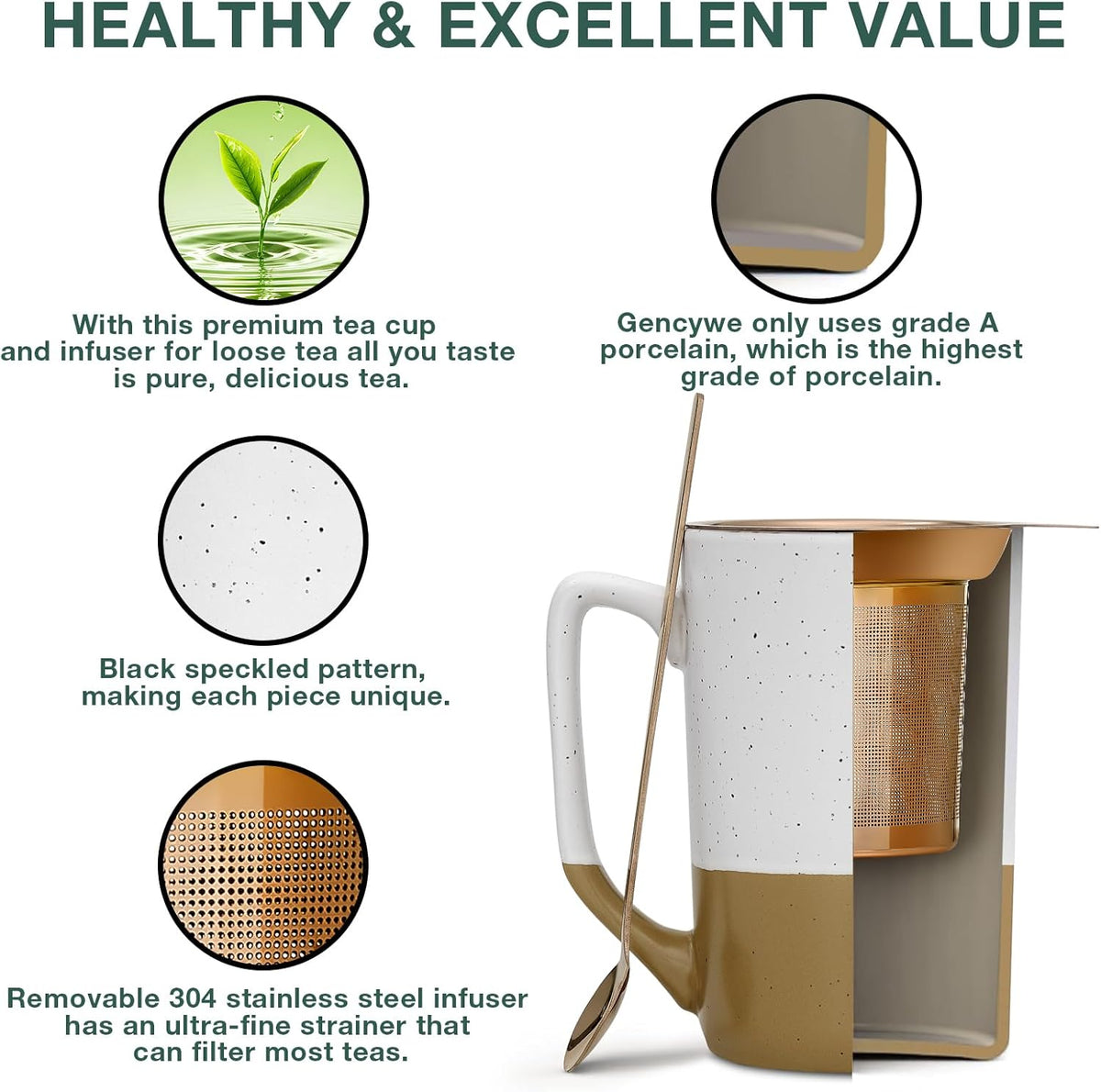 Gencywe Ceramics Large Tea Cup with Loose Leaf Infuser, Spoon and Lid, 16 oz Tall Coffee Mug, Microwave and Dishwasher Safe, Rustic Matte Ceramic Glaze, Tea Strainer, Amber