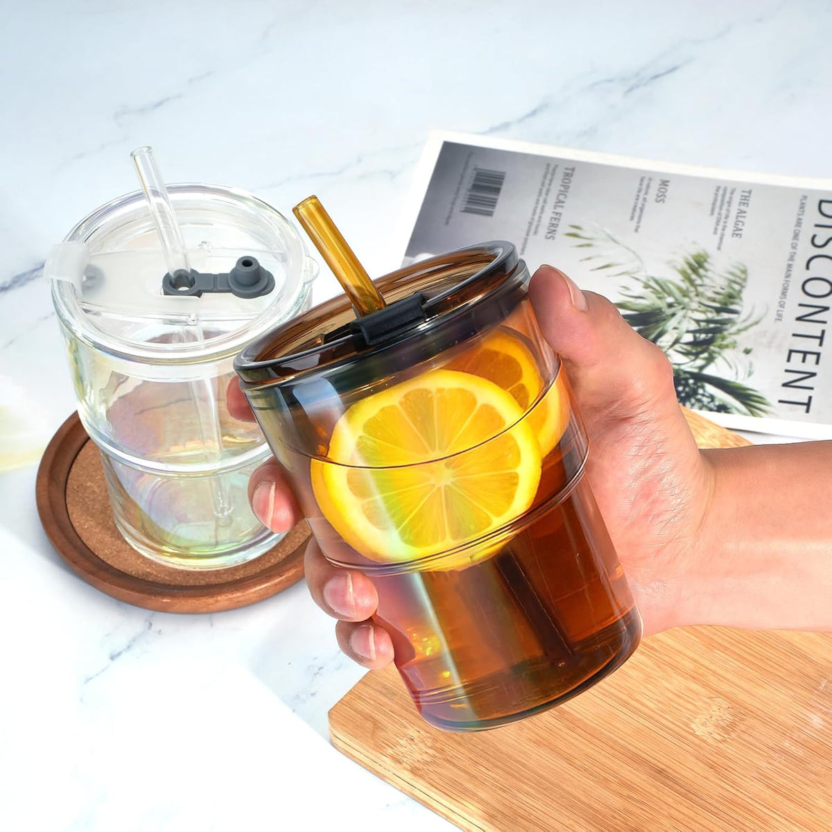 13 oz Glass Tumbler with Glass Straw and Lid