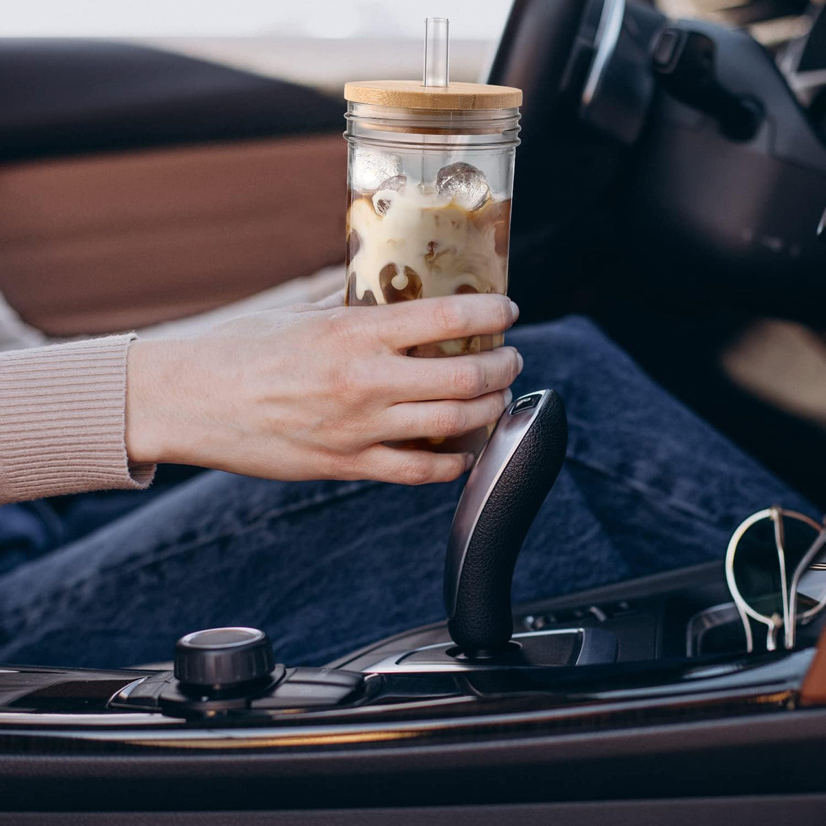 Iced Coffee Cups with Lids,Glass Cups with Lids and Straws,4 Coffee Tumbler