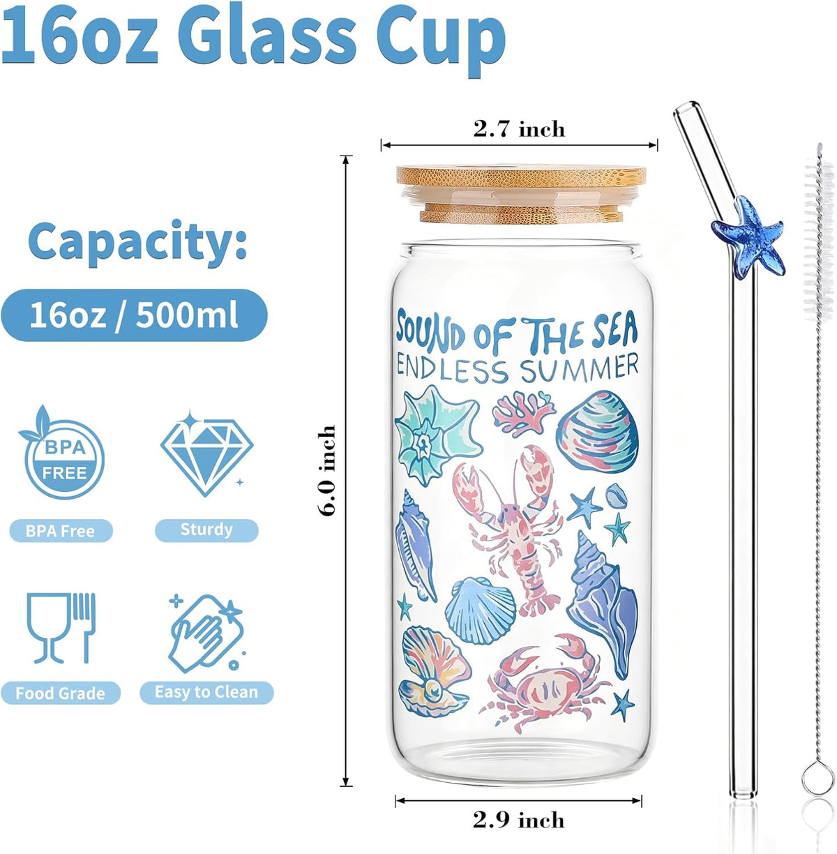 Aesthetic Glass Cups with Lids and Straws, 16oz Ocean Print Glass Tumbler with Bamboo Lid and Glass Straw, Cute Summer Drink Cup for Women, Iced Coffee Matcha Cup, Birthday Gifts