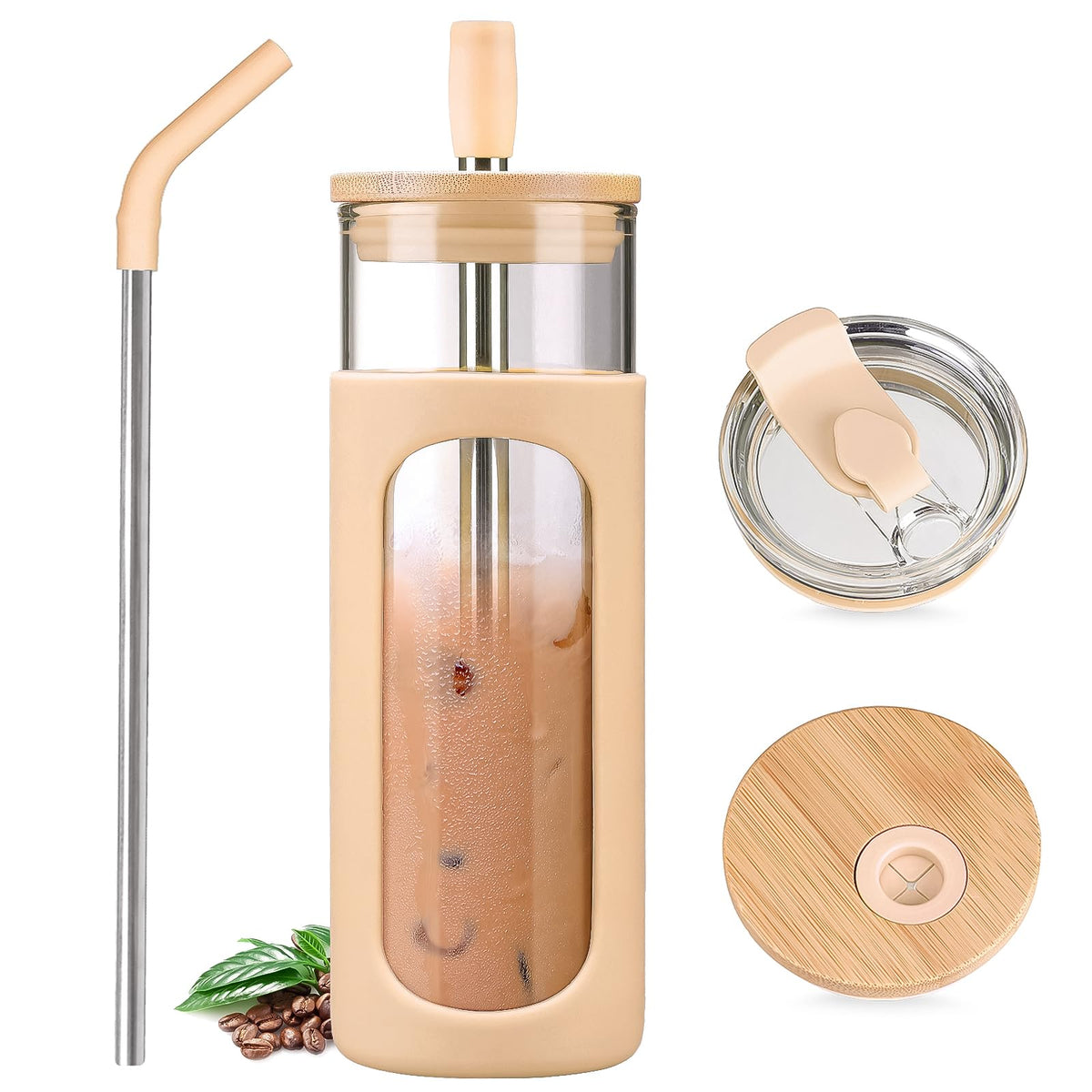 Kodrine 20oz Glass Water Tumbler with Straw and Lid, Bamboo Lids Water Bottle, Iced Coffee Cup Reusable, Wide Mouth Smoothie Cups with Protective Silicone Sleeve BPA FREE-Amber