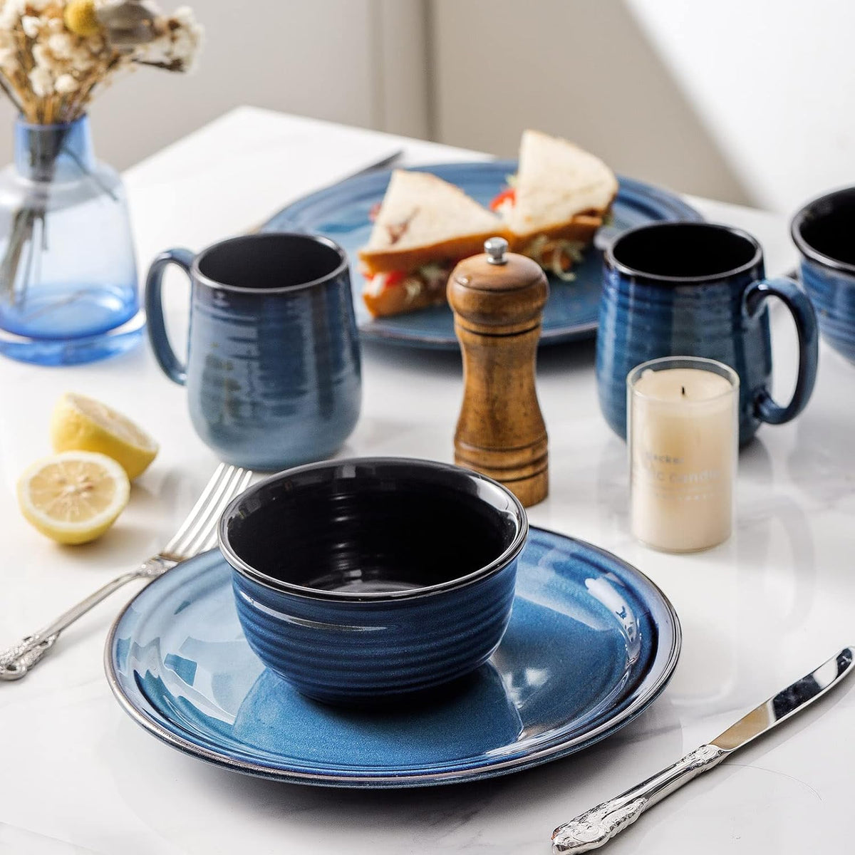 HASENSE Coffee Mugs Set of 4, 15 Ounce Ceramic Coffee Cups with Handle, Large Mug Set for Latte, Tea, Chocolate, Modern Cup Gift for Men and women, Dishwasher & Microwave Safe(Blue)
