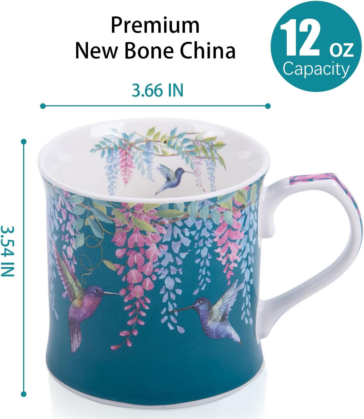Spring Hummingbird Floral Coffee Mug, 12oz Dark Teal Ceramic Mug with Wisteria and Fluttering Hummingbird, Elegant Gift Mug for Mom, Women & Bird Lovers, Designed in England by Harvest Green Studio