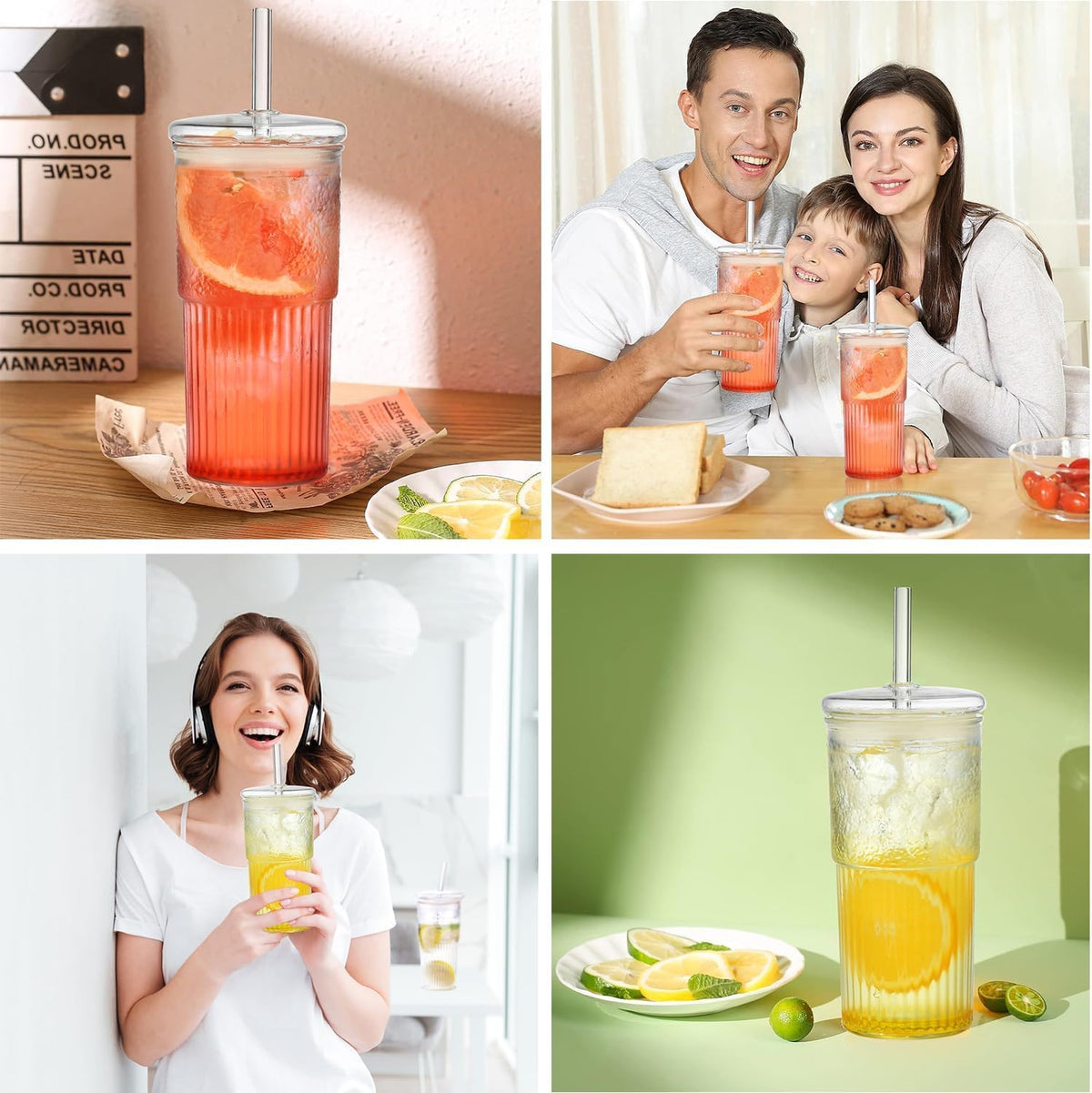 ALINK Glass Cups with Lids and Straws, 22 oz High Borosilicate Clear Iced Coffee Glass Tumblers, Drinking Glass Smoothie Tea Water Cups, Pack of 2 with Cleaning Brush