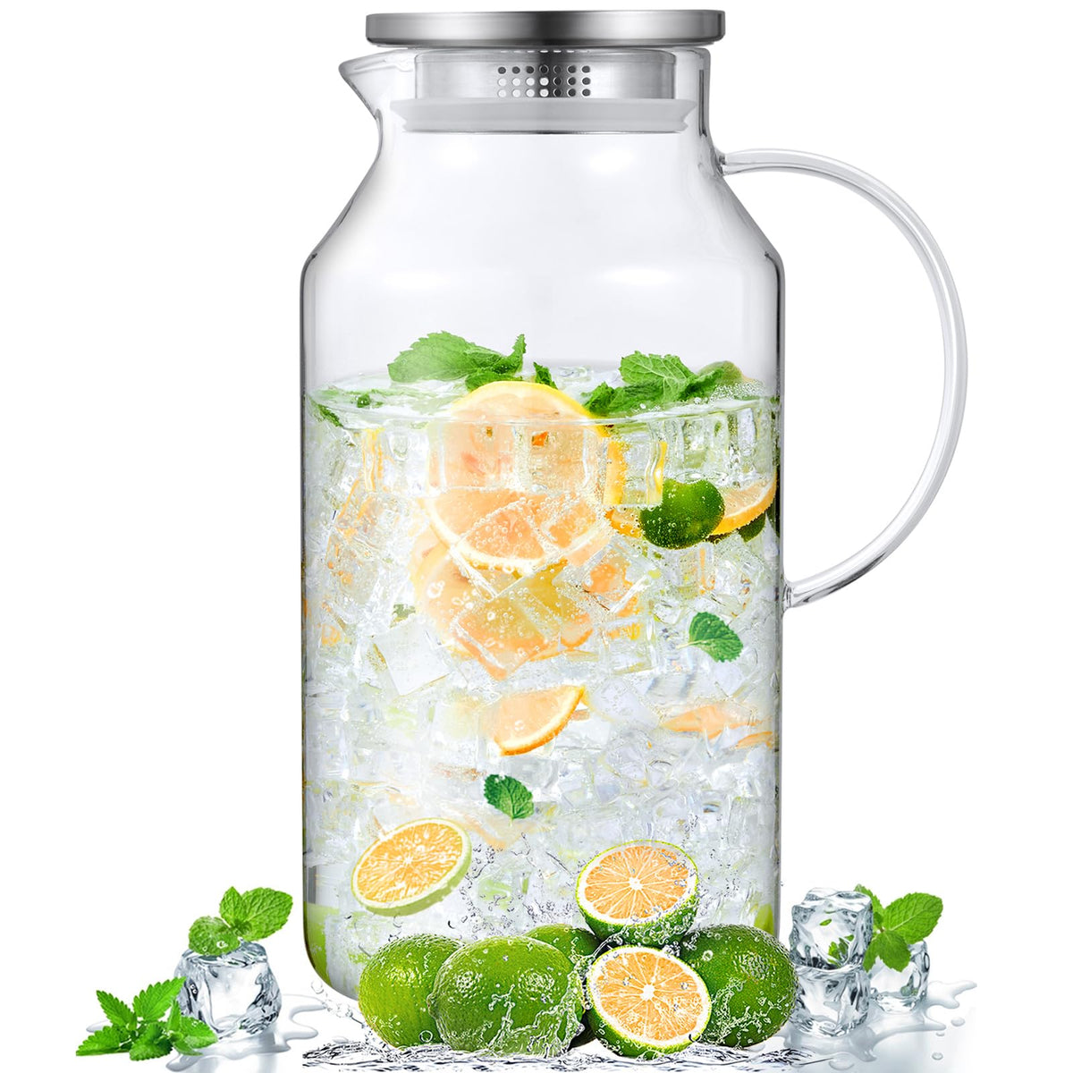Bivvclaz 2 Liter 68 oz Glass Pitcher with Lid and Handle, Glass Carafe for Hot/Cold Water, Large Iced Tea Pitcher for Coffee, Juice and Homemade Beverage