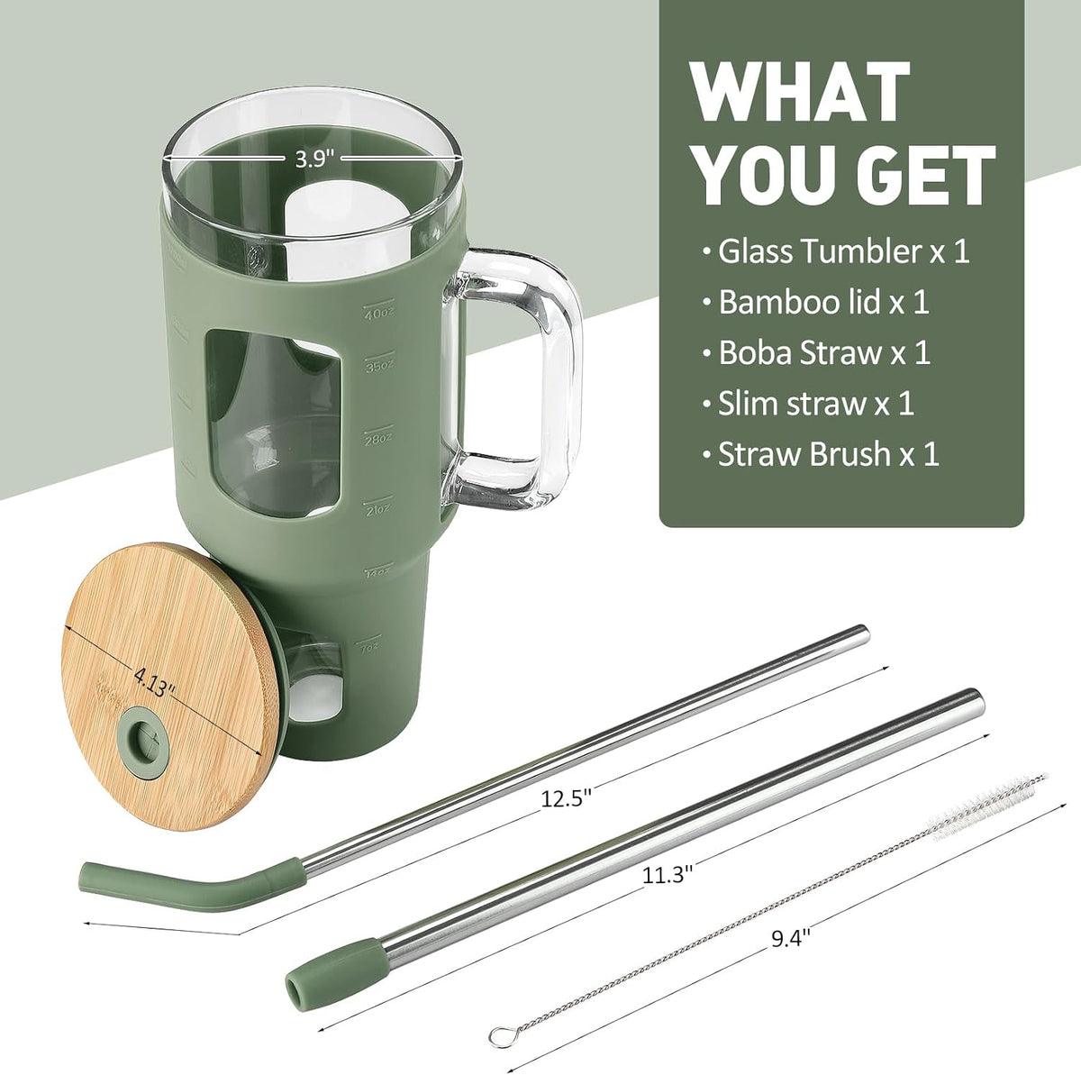 WINSA Glass Tumbler with Straw and Lid, 40 oz, Olive