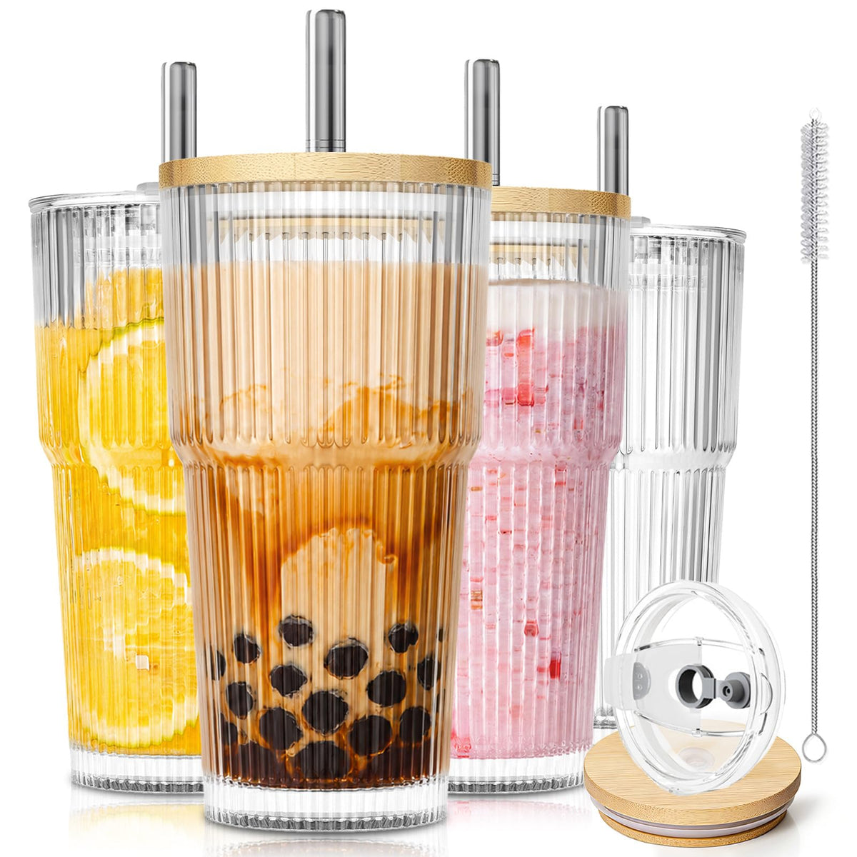 KEMORELA 20oz Ribbed Glass Tumblers with Lids and Straws,Iced Coffee Cups