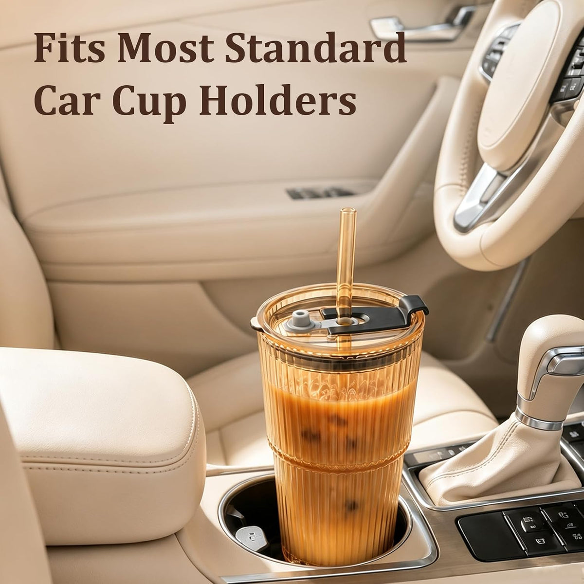 20oz Iced Coffee Cup, Ribbed Glass Tumbler with Straw and Lid