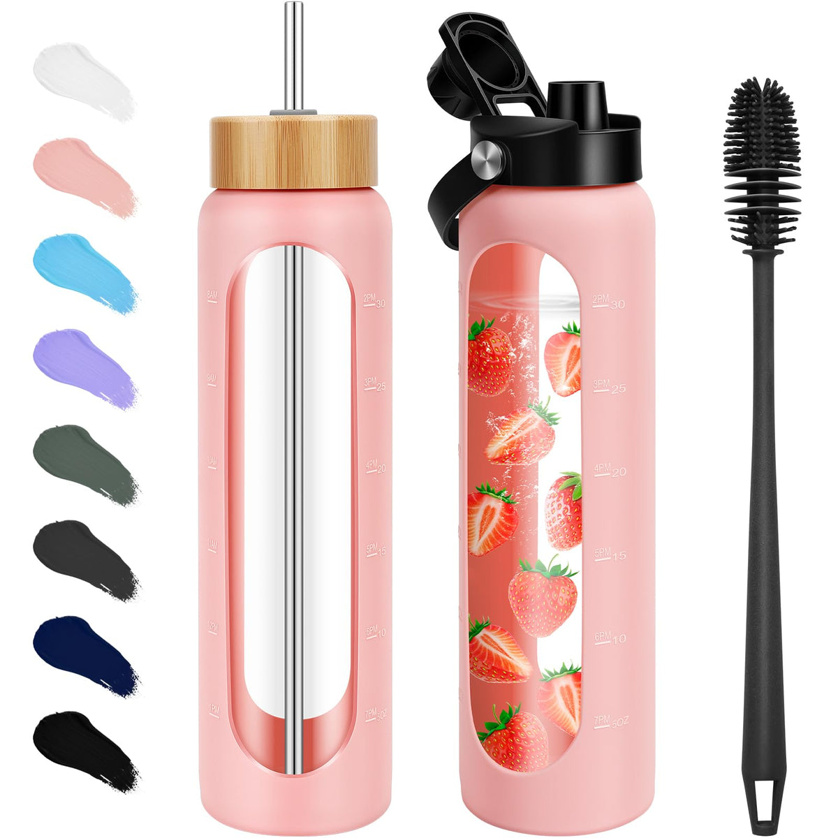 FULBEVY 32 oz Glass Water Bottles - 1 Liter Motivational Tumbler Water Bottle Time Marker - Borosilicate Glass Water Bottle With Silicone Sleeve and 2 Lids, Handle Spout & Bamboo Straw Lid (Olive)