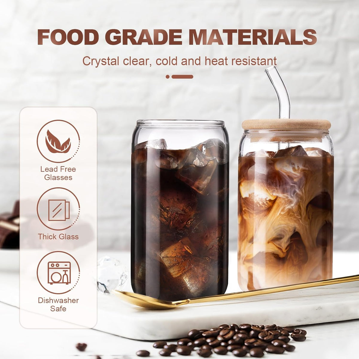 Iced Coffee Cups with Lids,Glass Cups with Lids and Straws,2 Coffee Tumbler