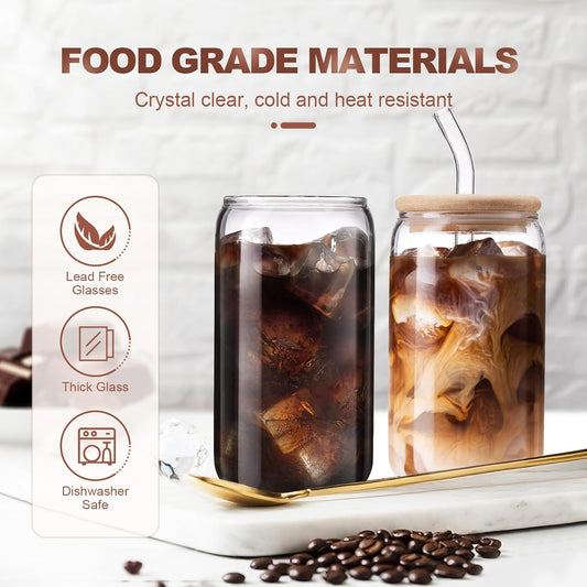 Iced Coffee Cups with Lids,Glass Cups with Lids and Straws,2 Coffee Tumbler