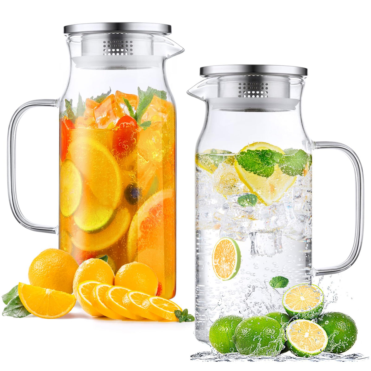 Bivvclaz 2 Liter 68 oz Glass Pitcher with Lid and Handle, Glass Carafe for Hot/Cold Water, Large Iced Tea Pitcher for Coffee, Juice and Homemade Beverage