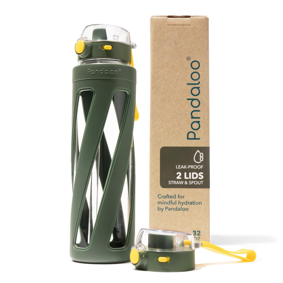 Pandaloo® Orbit 32 oz Glass Water Bottle with 2 Leak-Proof Lids (Straw & Spout), Wide Mouth, Borosilicate Glass, BPA-Free, Cup Holder Friendly for Gym, Work, Travel & Daily Hydration - Sage