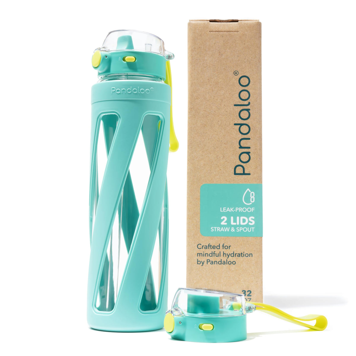 Pandaloo® Orbit 32 oz Glass Water Bottle with 2 Leak-Proof Lids (Straw & Spout), Wide Mouth, Borosilicate Glass, BPA-Free, Cup Holder Friendly for Gym, Work, Travel & Daily Hydration - Sage