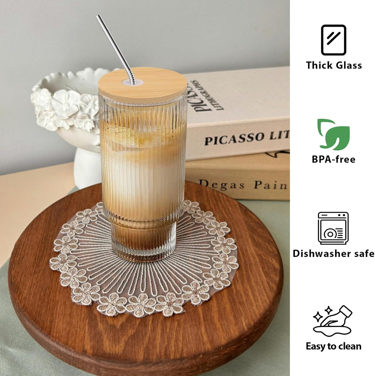 HIGIINC Iced Coffee Cups with Lids 4 Pcs - 16 OZ Glass Cups with Lids and Straws, Reusable Ice Coffee Tumbler, Clear Ribbed Drinking Glasses for Matcha, Smoothie, Ice Tea, Lemonade