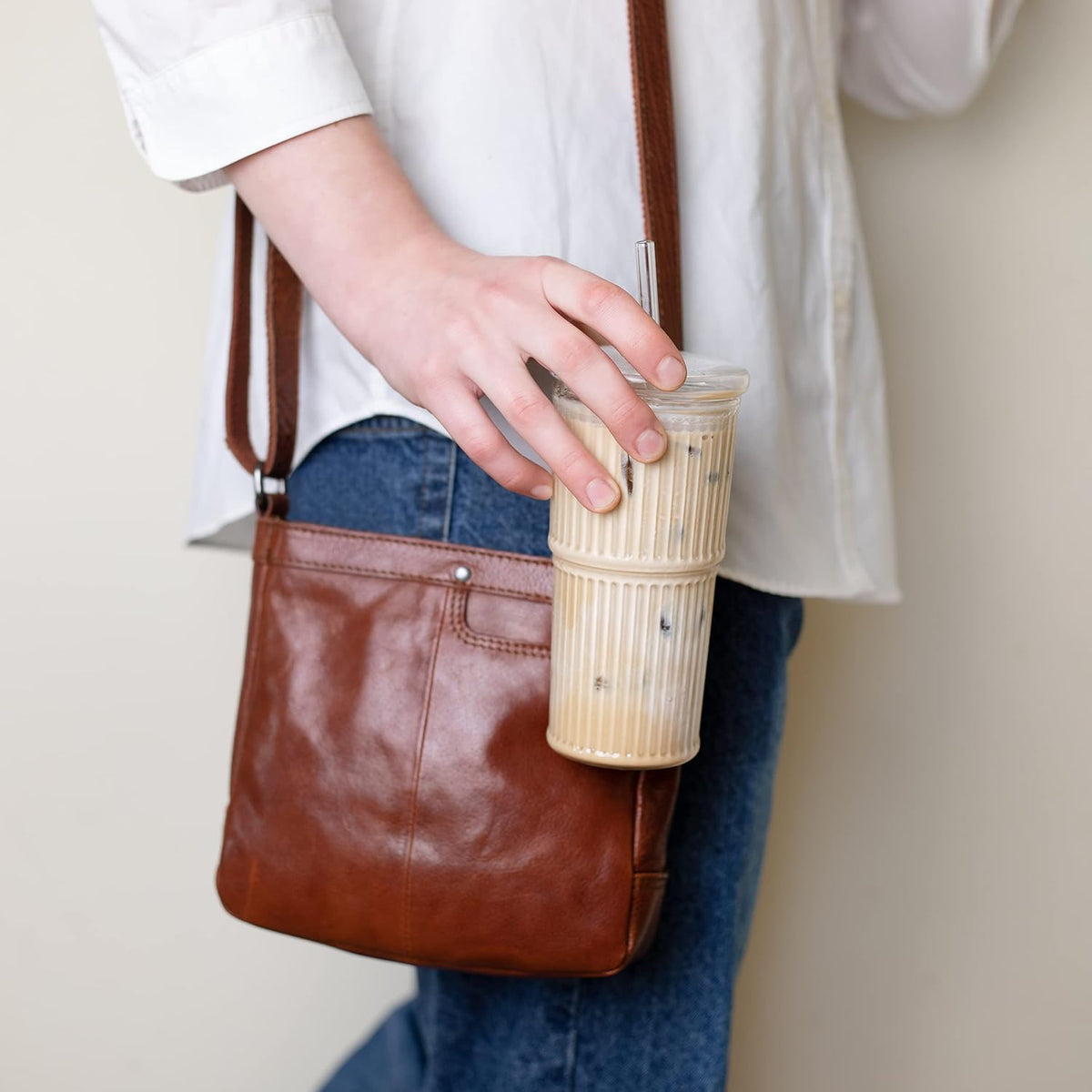 Birchland All Glass Iced Coffee Cup with Lid and Straw, Ribbed Glass Tumbler Set of 2 (22 oz ribbed)