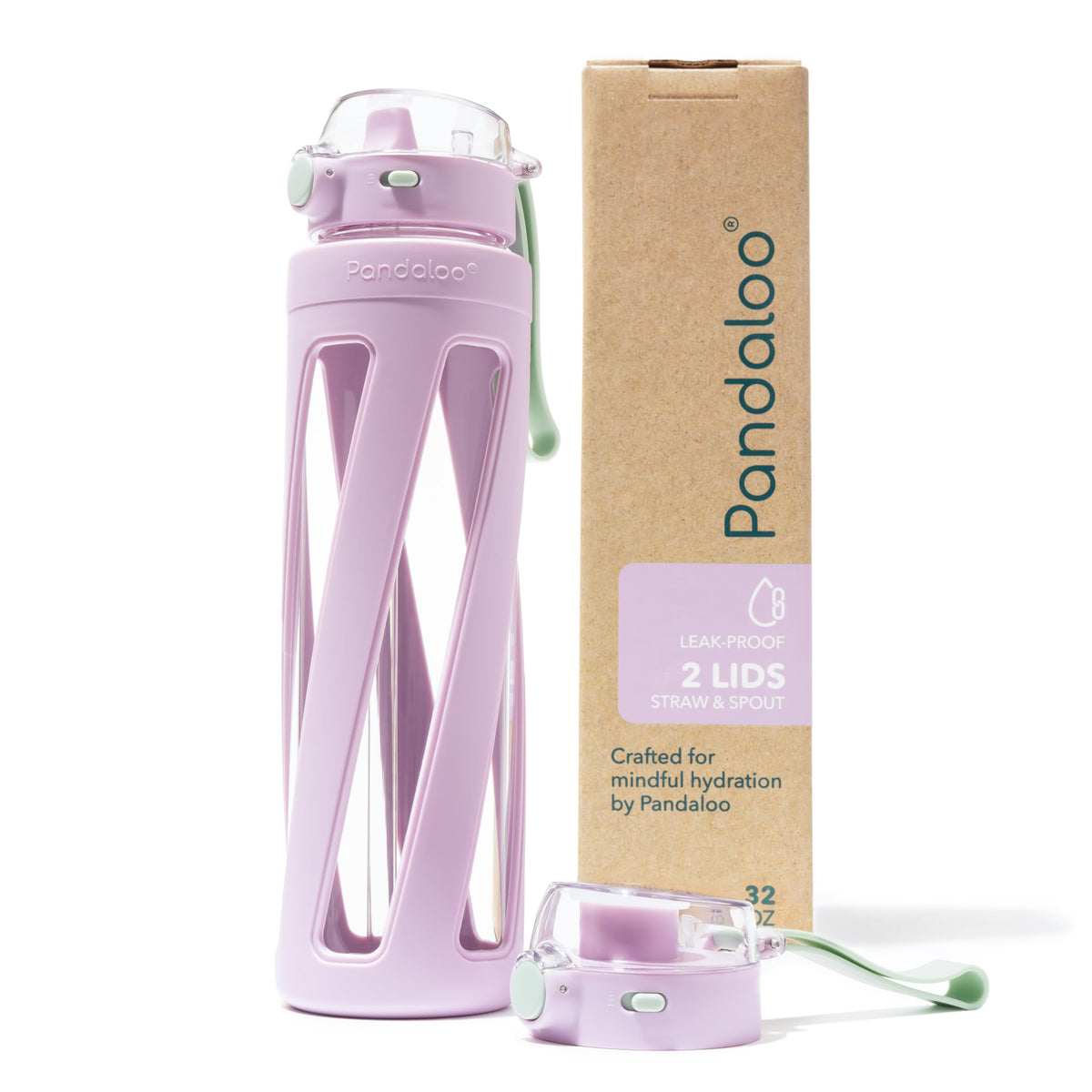 Pandaloo® Orbit 32 oz Glass Water Bottle with 2 Leak-Proof Lids (Straw & Spout), Wide Mouth, Borosilicate Glass, BPA-Free, Cup Holder Friendly for Gym, Work, Travel & Daily Hydration - Sage