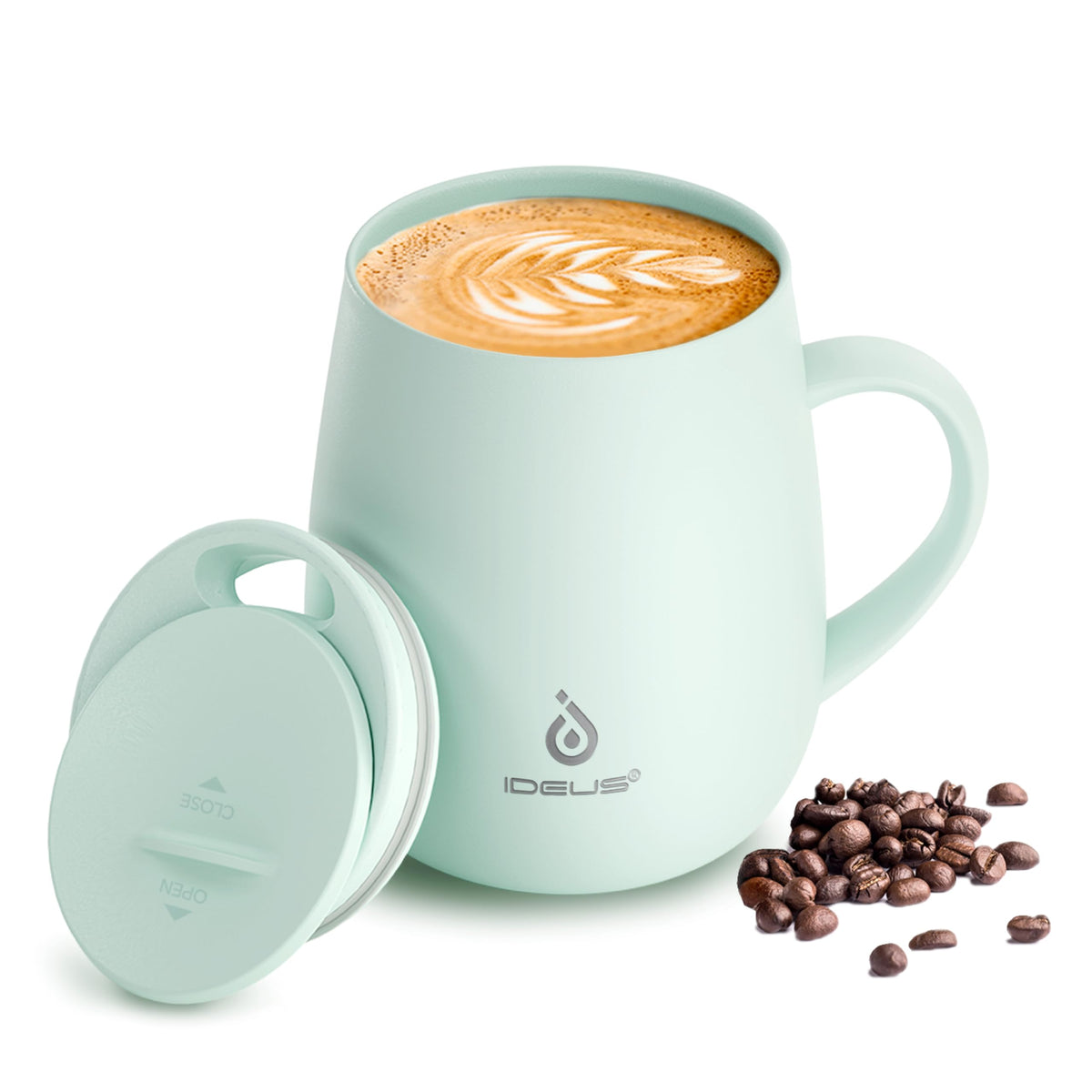 Ideus 16 oz Insulated Coffee Mug with Lid and Handle (Celadon, FUJI DAWN)