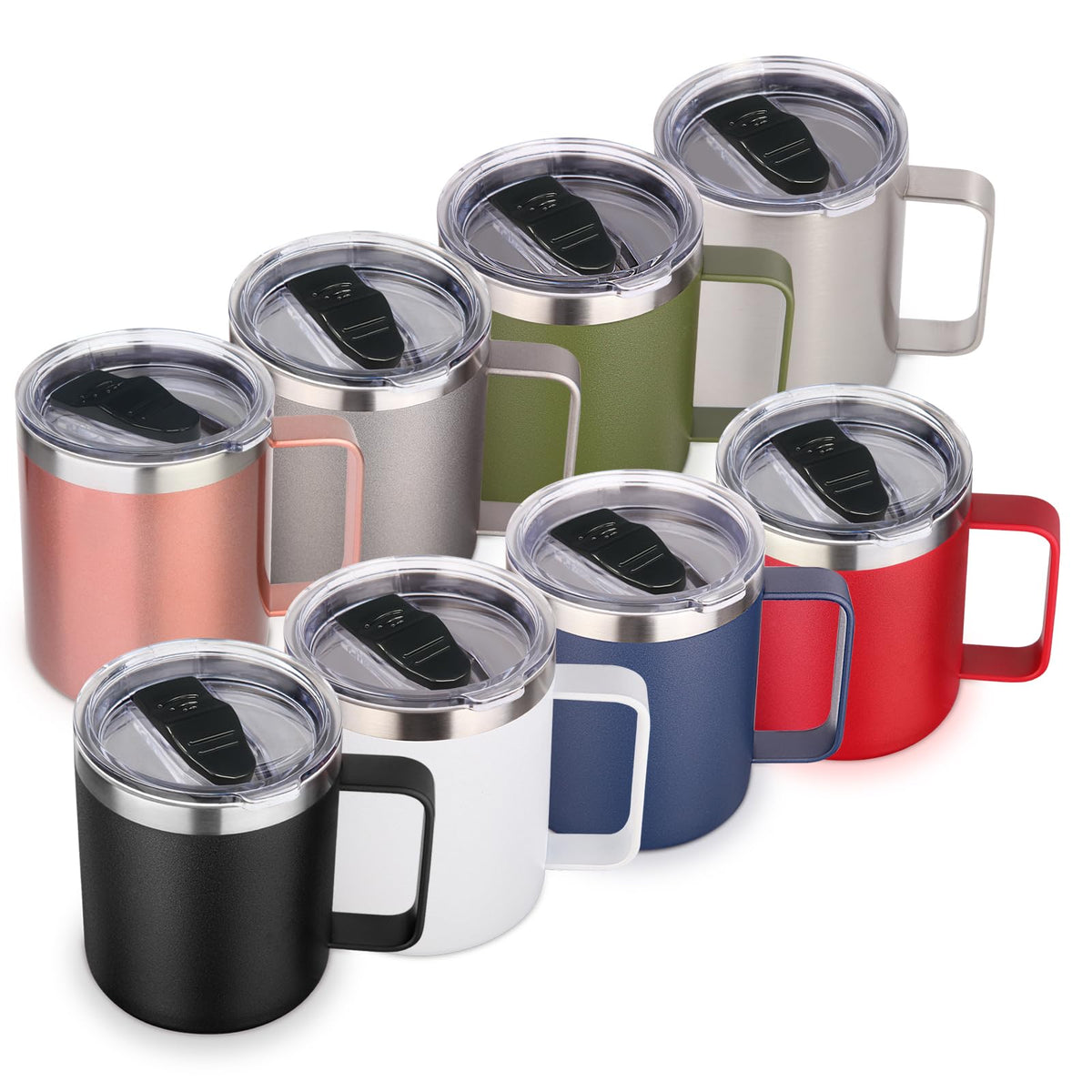Volhoply 14oz Insulated Stainless Steel Coffee Mug with Lid Bulk 8 Pack,Double Wall Vacuum Travel Coffee Cup with Handle,Reusable Metal Cups Tumbler Cup, Camping Mugs,Ideal Gifts(Mix,8)