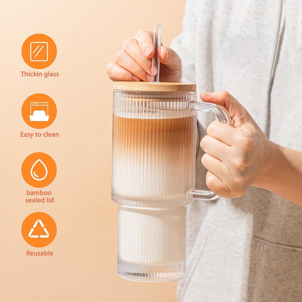 SoulTimes 24oz Ribbed Glass Tumbler with Handle and Bamboo Lid, Set of 2 Glass Cups with Lids and Straws for Coffee, Tea, Juice and Smoothies, Reusable Iced Coffee Cups Includes 2 Sealed Plastic Lids