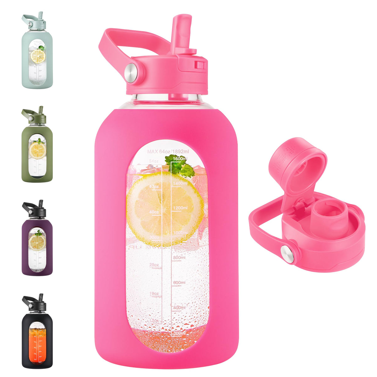 CIVAGO 64 oz Glass Water Bottle Jug with Detachable Straw and Time Maker