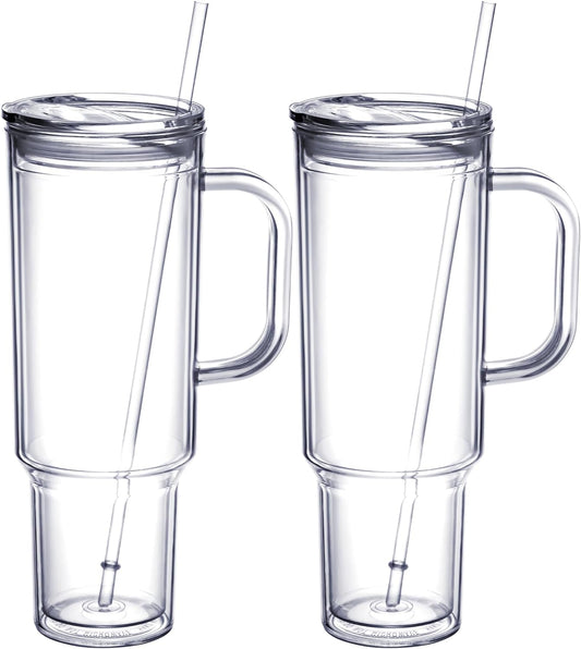 MEWAY 40 oz Acrylic Tumbler with Handle and Straw Lid，Double Wall Vacuum Reusable plastic Water Bottle Travel Mug Cup，Classic Tumblers Cupholder Friendly (2 Pack)