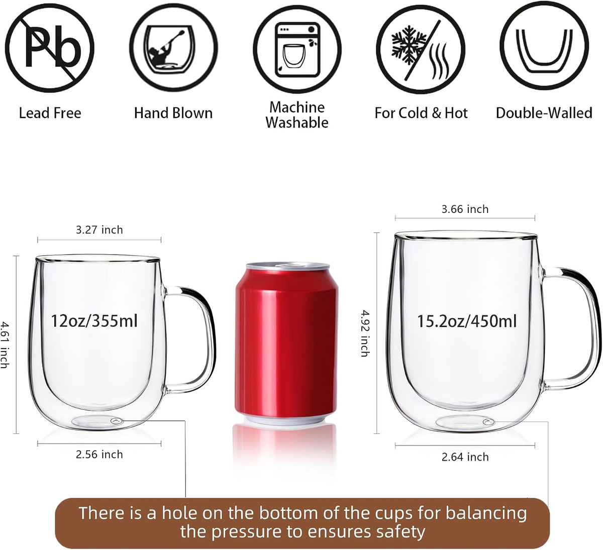 CNGLASS Large Double Wall Glass Coffee Mug 15.2oz,Clear Insulated Glass Espresso Cup with Big Handle,Clear Glass Espresso Mugs for Latte,Cappuccino,Tea Bag,Hot and Cold Beverages,set of 4