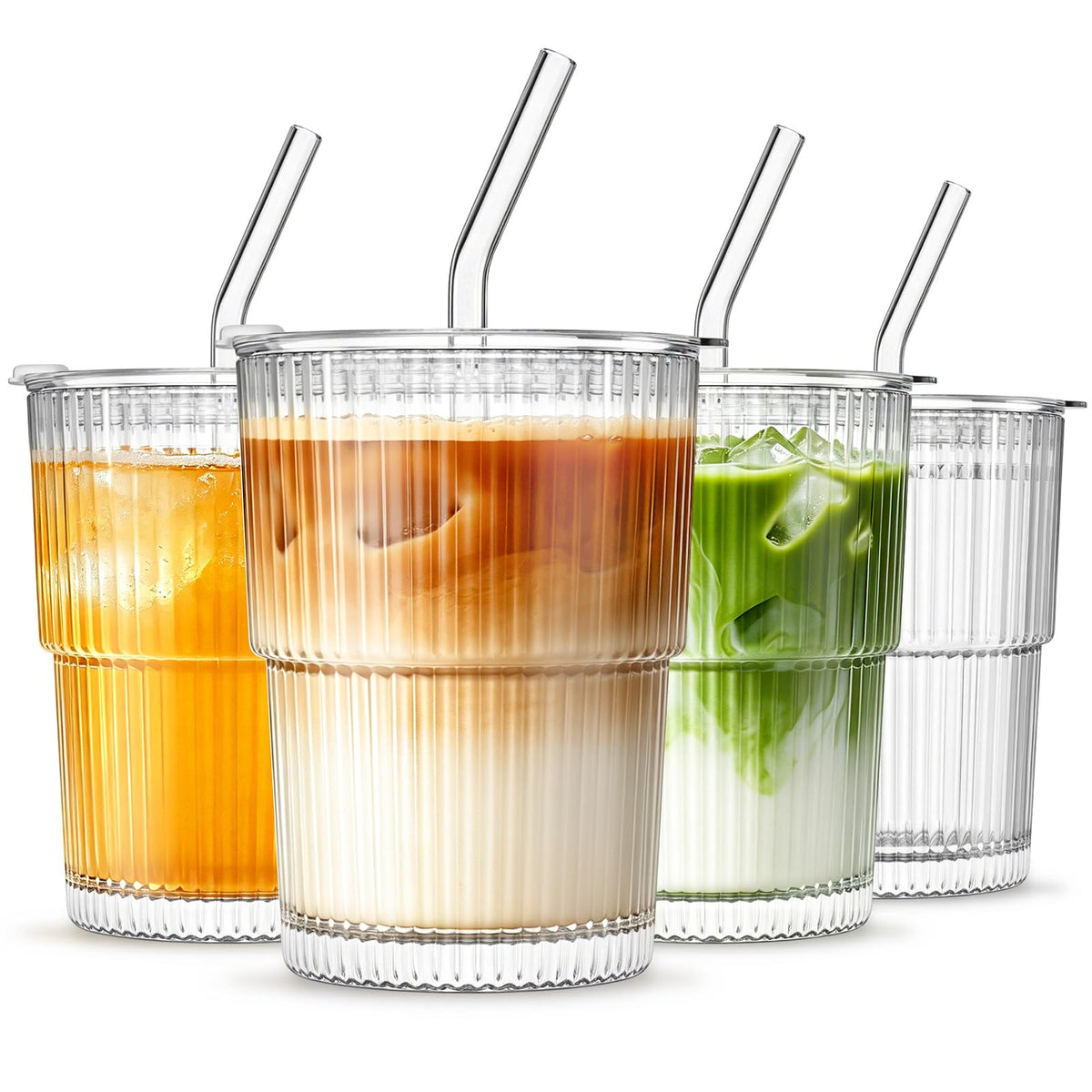 INSETLAN 20 oz Ribbed Glass Tumblers with Lids and Glass Straws – 4-Piece Glassware Set, Thickened Wall, Ideal for Iced Coffee, Smoothies, Cocktails, and Juices – Elegant and Durable Drinkware
