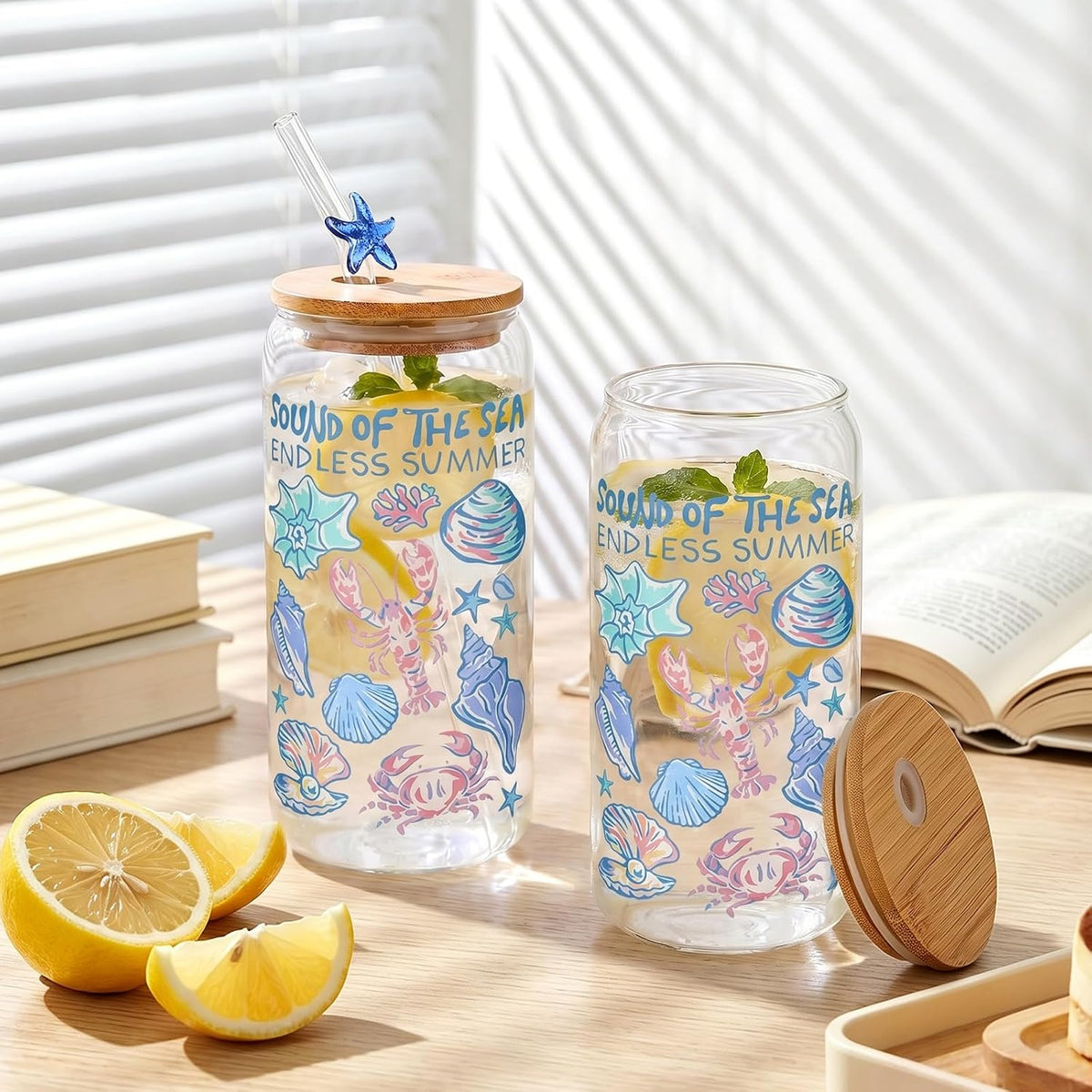 Aesthetic Glass Cups with Lids and Straws, 16oz Ocean Print Glass Tumbler with Bamboo Lid and Glass Straw, Cute Summer Drink Cup for Women, Iced Coffee Matcha Cup, Birthday Gifts