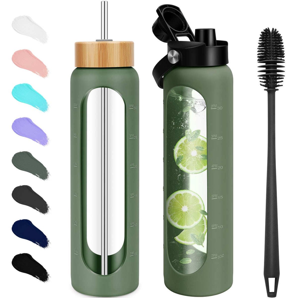 FULBEVY 32 oz Glass Water Bottles - 1 Liter Motivational Tumbler Water Bottle Time Marker - Borosilicate Glass Water Bottle With Silicone Sleeve and 2 Lids, Handle Spout & Bamboo Straw Lid (Olive)