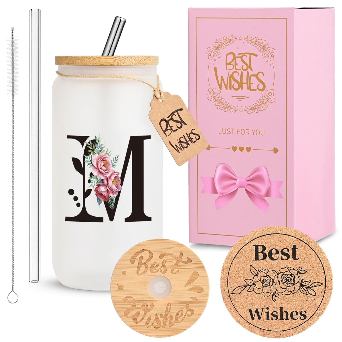 16oz Monogrammed Glass Tumbler, Frosted with Lid and Straw, Initial F