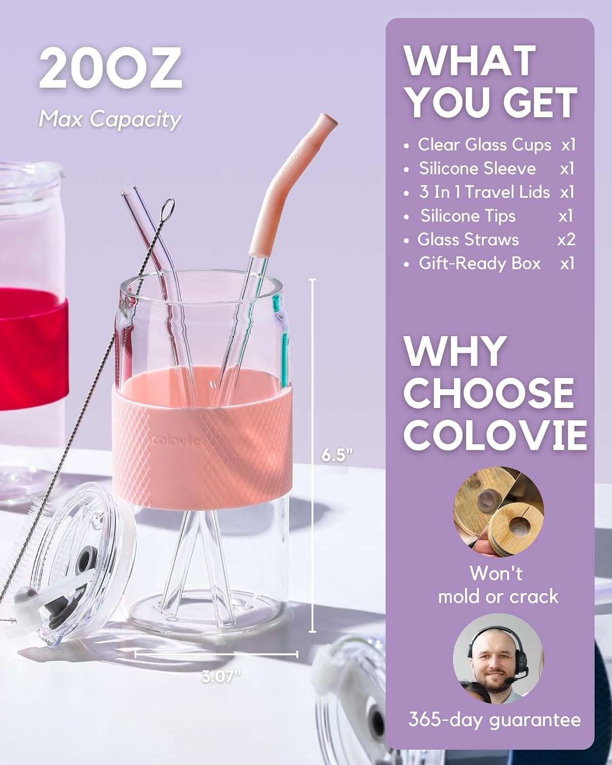 ColoVie Glass Tumbler with 3 IN 1 Lids and Glass Straws(Extra Silicone Tips), Silicone Protective Sleeve, Iced Coffee Cup, Travel Water Bottle, Soda Beer Glass Cups, Hot Tea-White 20oz 1pc