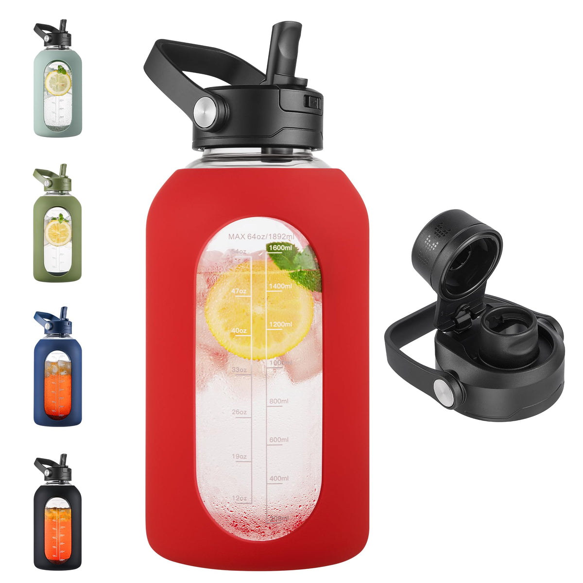 CIVAGO 64 oz Glass Water Bottle Jug with Detachable Straw and Time Maker