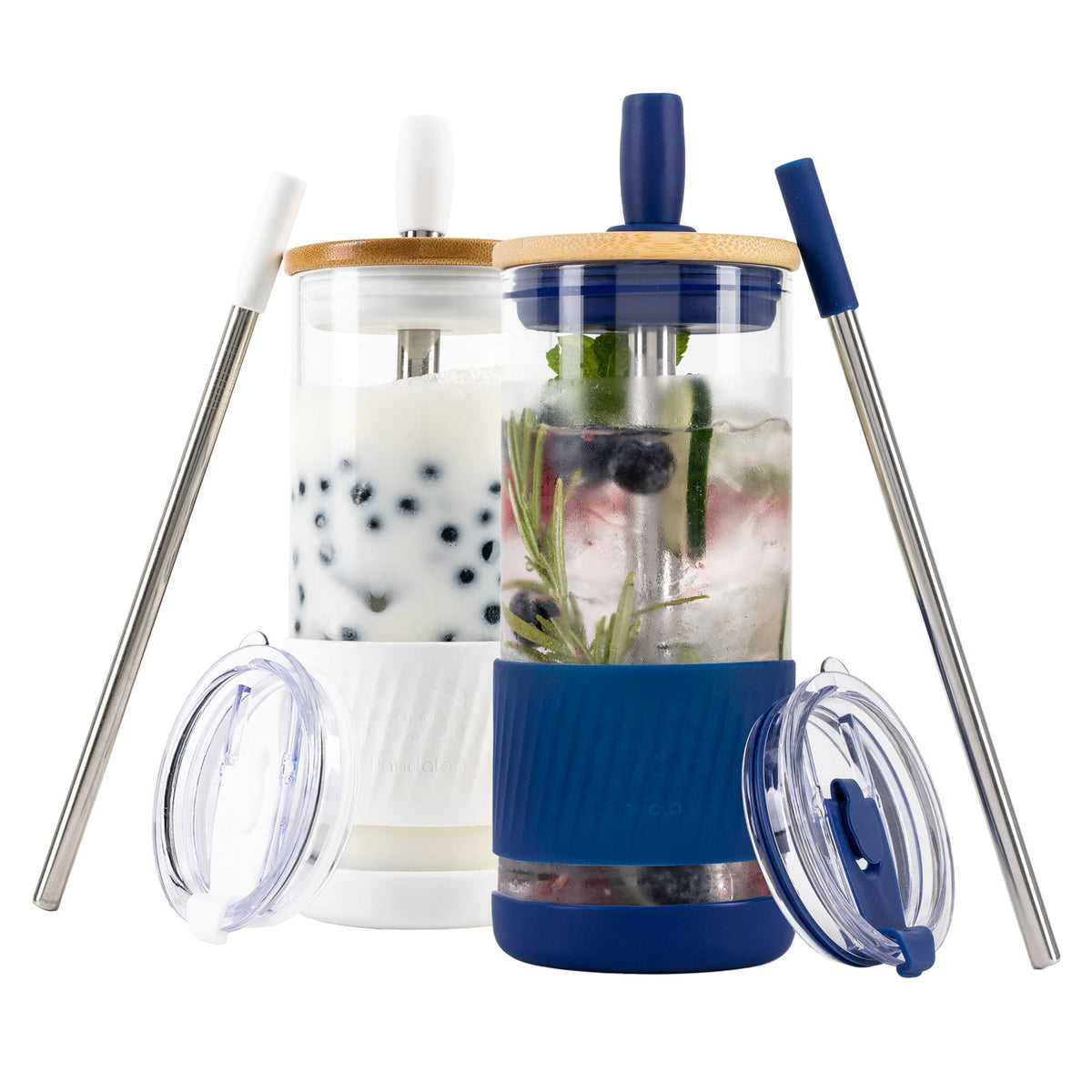 Pandaloo® Glass Cups With Lids and Straws -20 Fl Oz- Perfect Size Iced Coffee Cup - Smoothie Cup With Bamboo Lid and On the go Lid (Creamy Mushroom, 1 Count (Pack of 1)