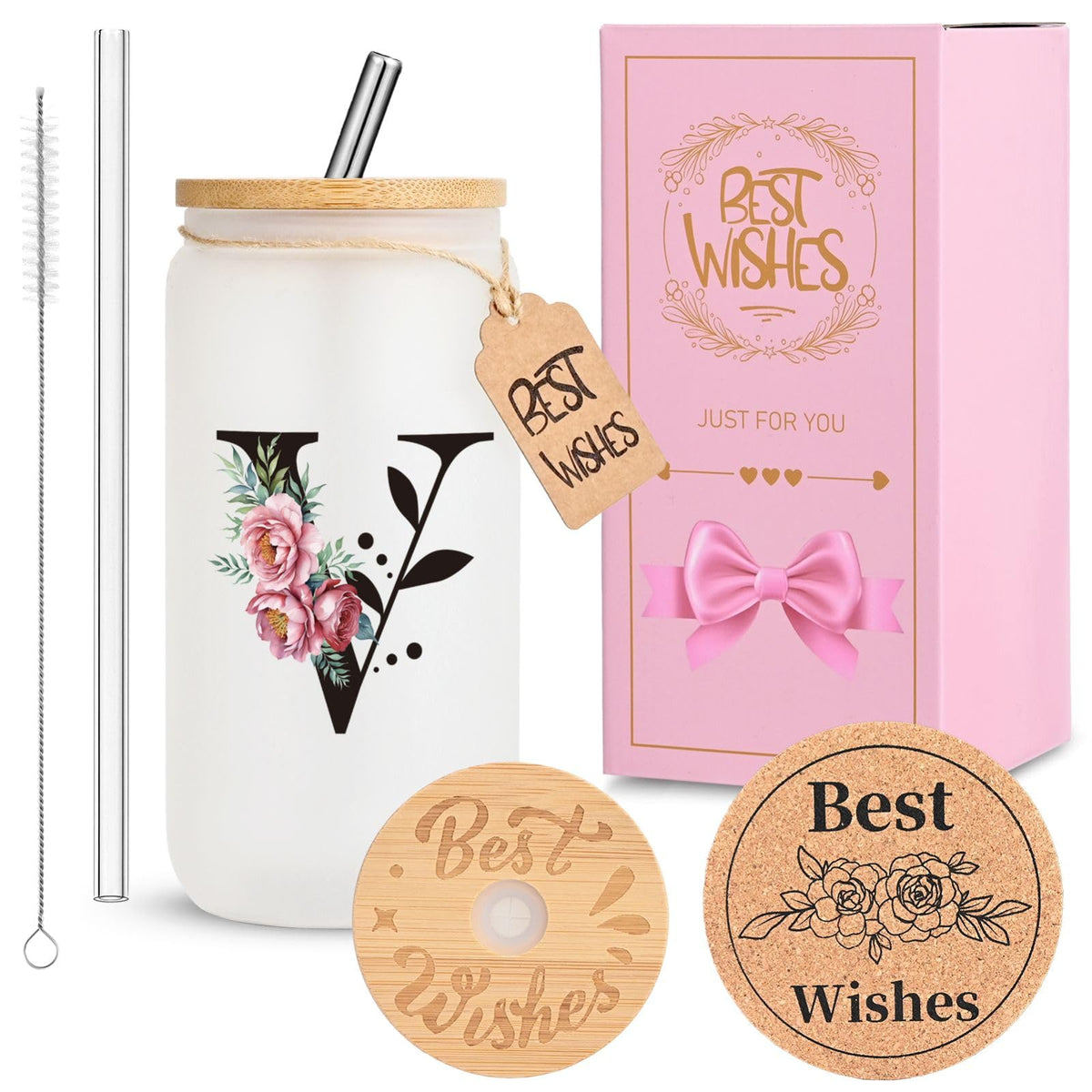 16oz Monogrammed Glass Tumbler, Frosted with Lid and Straw, Initial F