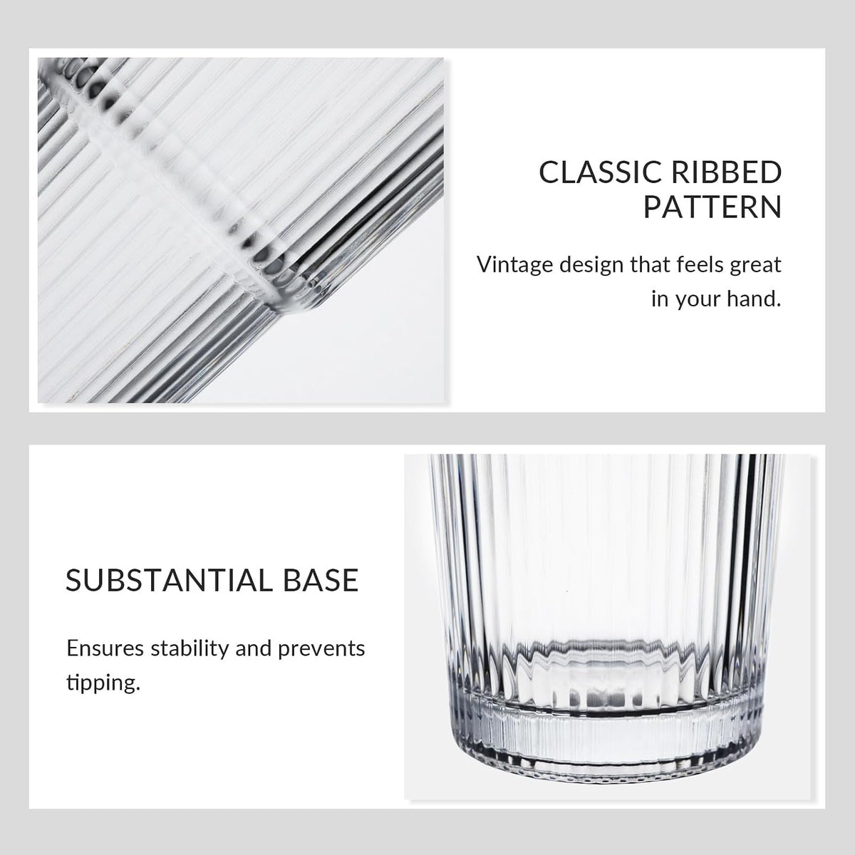 Puraville Glass Cups with Lids and Straws, 20oz, Ribbed Pattern