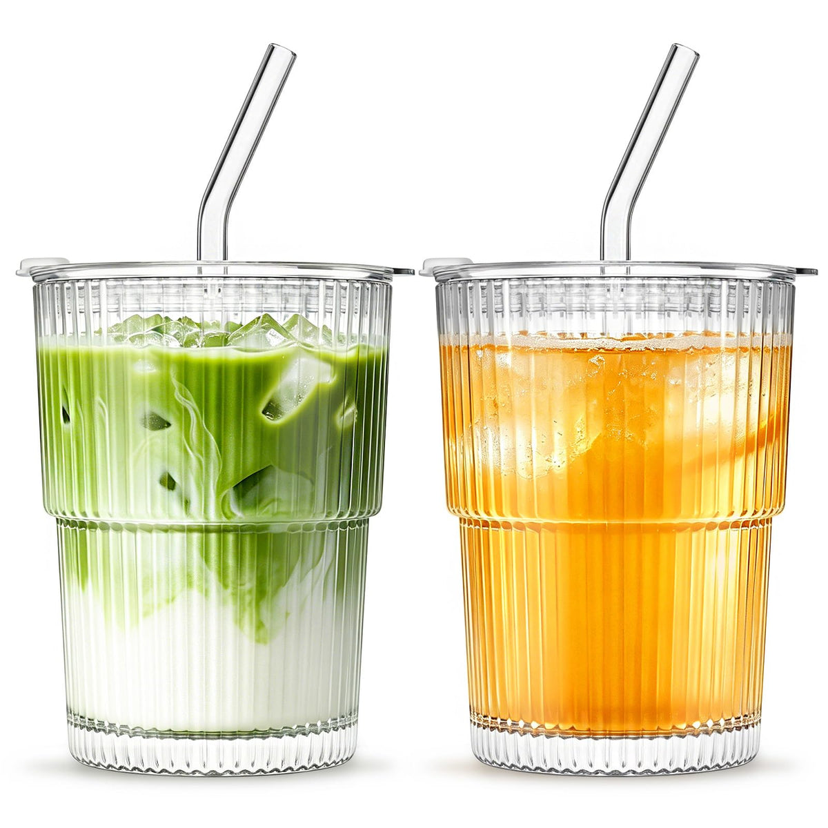 INSETLAN 20 oz Ribbed Glass Tumblers with Lids and Glass Straws – 4-Piece Glassware Set, Thickened Wall, Ideal for Iced Coffee, Smoothies, Cocktails, and Juices – Elegant and Durable Drinkware