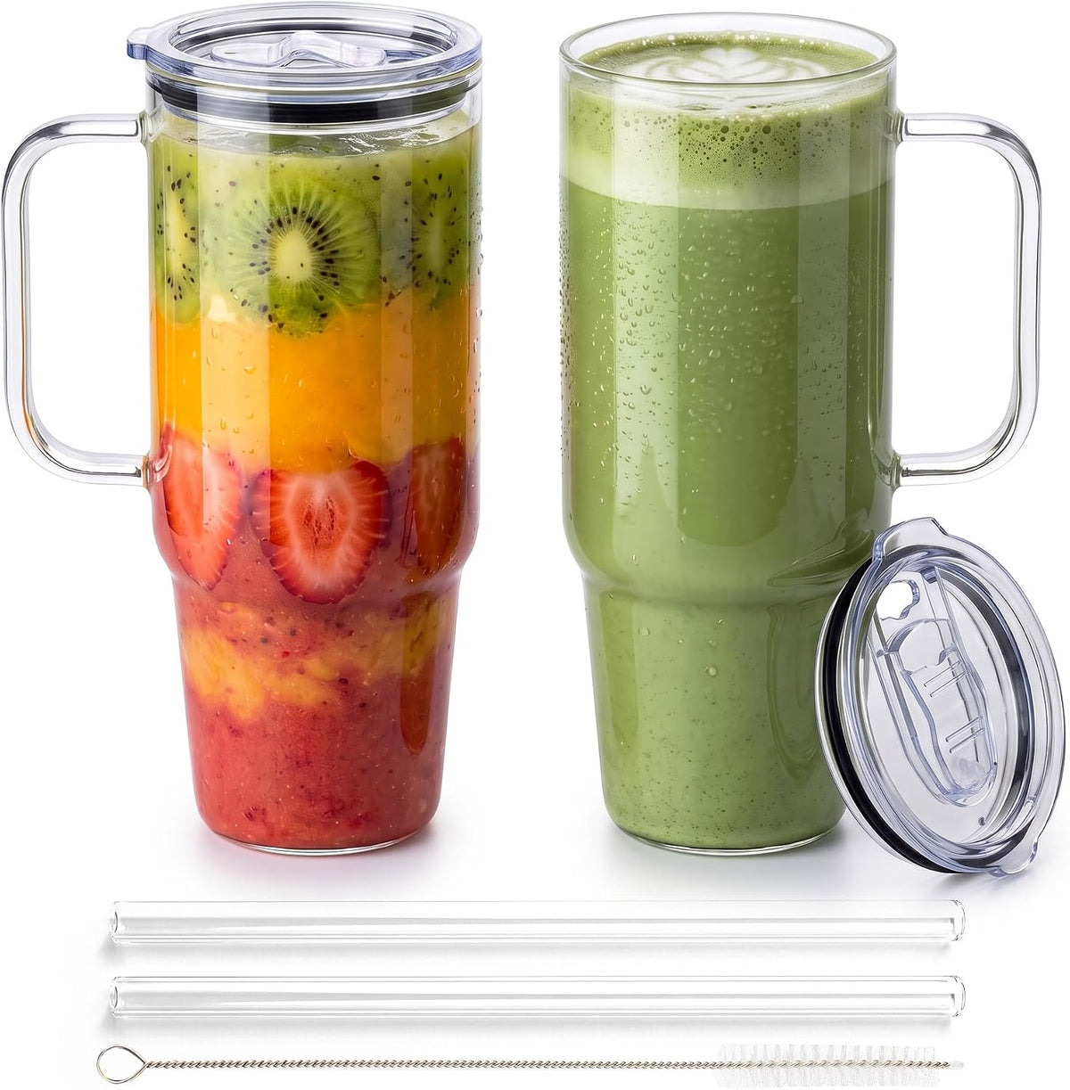 Glass Tumbler with Handle, 40 oz, 2 Pack, with Plastic Lid