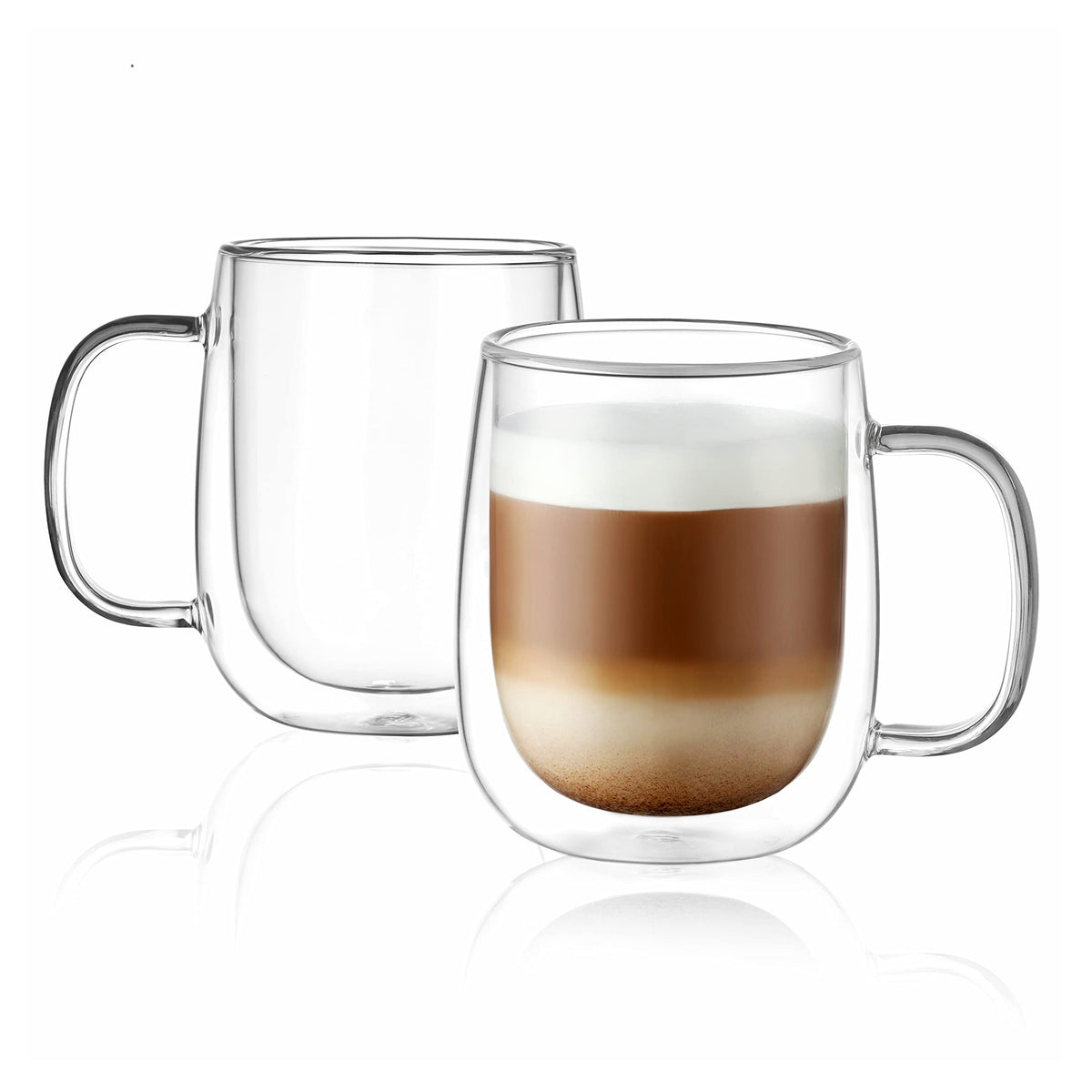 CNGLASS Large Double Wall Glass Coffee Mug 15.2oz,Clear Insulated Glass Espresso Cup with Big Handle,Clear Glass Espresso Mugs for Latte,Cappuccino,Tea Bag,Hot and Cold Beverages,set of 4