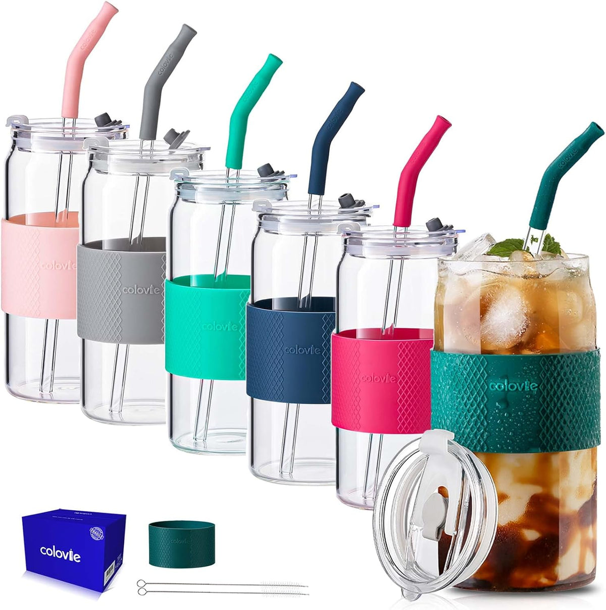 ColoVie Glass Cups with Lids and Straws, Iced Coffee Cup, Drinking Glasses