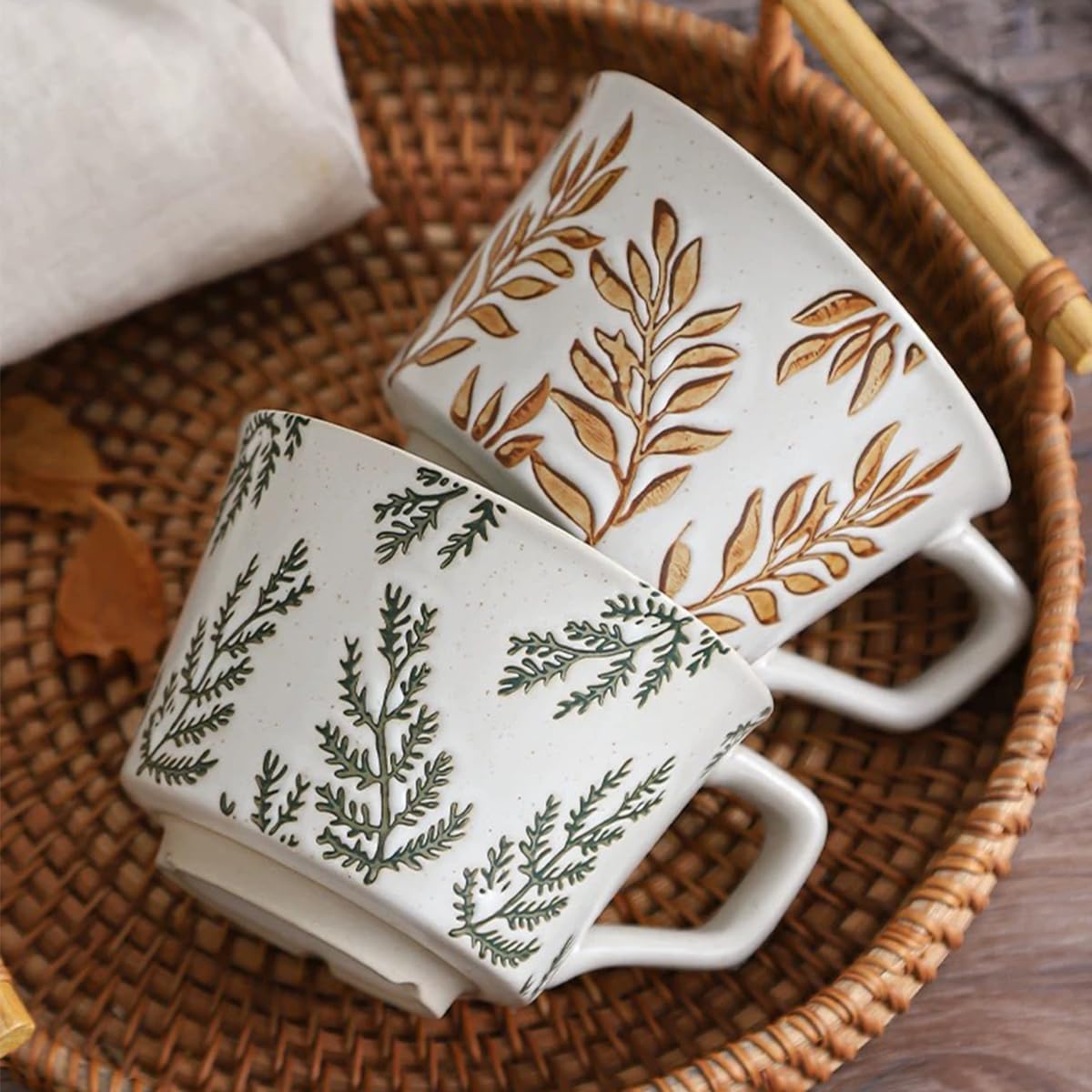 Ceramic Mug, 11oz - Vintage Cups Mug for Coffee Milk Latte Cappuccino Tea, Porcelain Cups Dishwasher Microwave Freezer Safe Stoneware (Brown Leaf Mug 1 pc)