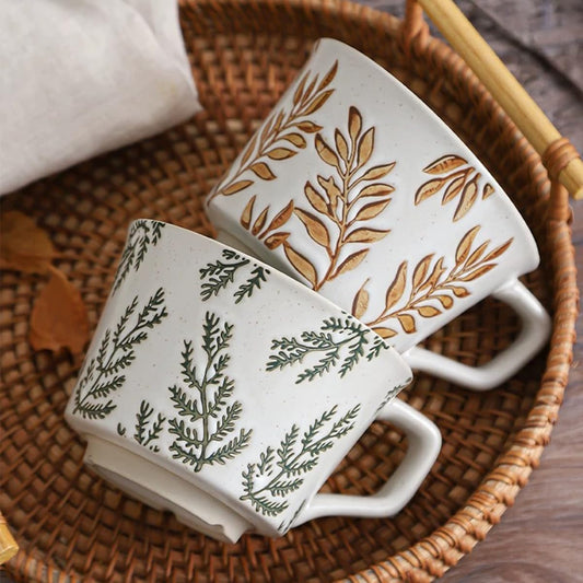 Ceramic Mug, 11oz - Vintage Cups Mug for Coffee Milk Latte Cappuccino Tea, Porcelain Cups Dishwasher Microwave Freezer Safe Stoneware (Brown Leaf Mug 1 pc)