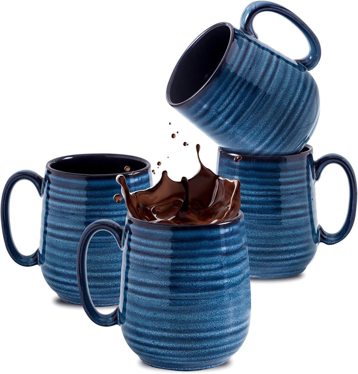 HASENSE Coffee Mugs Set of 4, 15 Ounce Ceramic Coffee Cups with Handle, Large Mug Set for Latte, Tea, Chocolate, Modern Cup Gift for Men and women, Dishwasher & Microwave Safe(Blue)