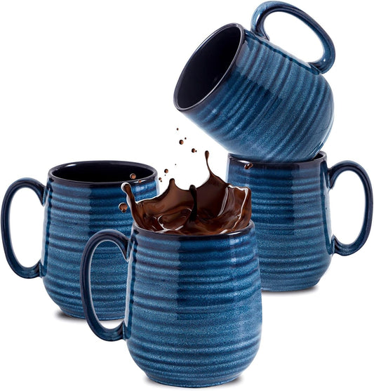 HASENSE Coffee Mugs Set of 4, 15 Ounce Ceramic Coffee Cups with Handle, Large Mug Set for Latte, Tea, Chocolate, Modern Cup Gift for Men and women, Dishwasher & Microwave Safe(Blue)