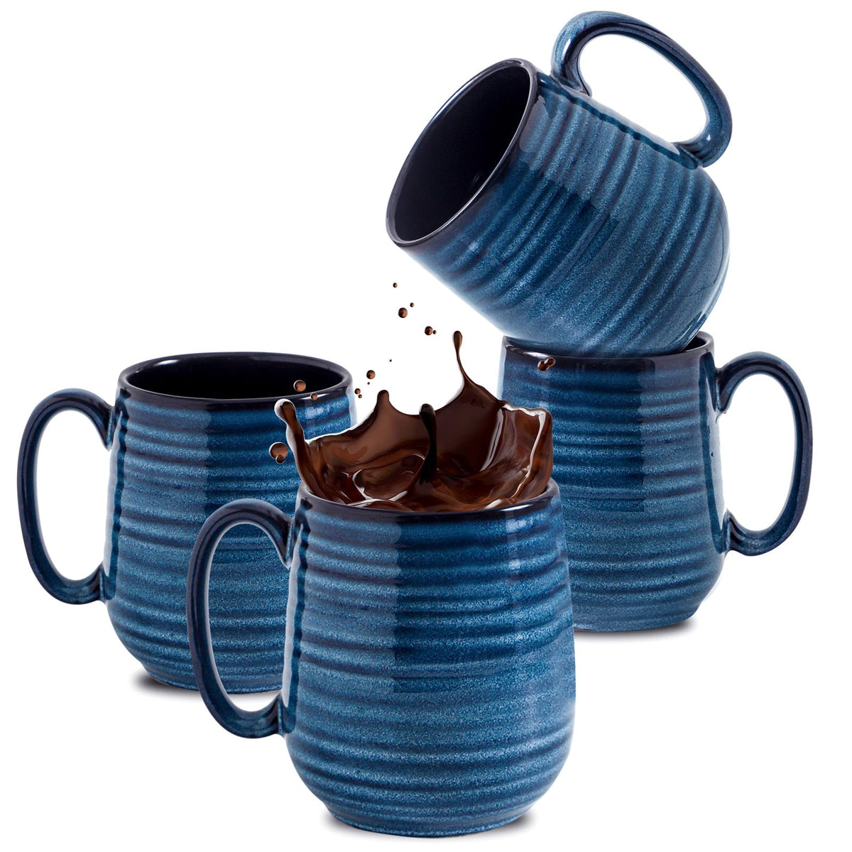 HASENSE Coffee Mugs Set of 4, 15 Ounce Ceramic Coffee Cups with Handle, Large Mug Set for Latte, Tea, Chocolate, Modern Cup Gift for Men and women, Dishwasher & Microwave Safe(Blue)