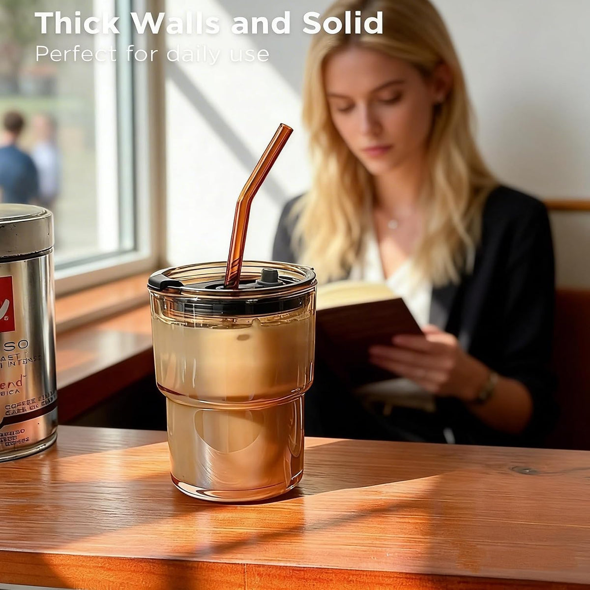Olvini 13oz Glass Tumbler with Straw and Lid, Reusable Iced Coffee Cup, Thick Glass Cups for Water, Matcha, Iced Tea, Amber
