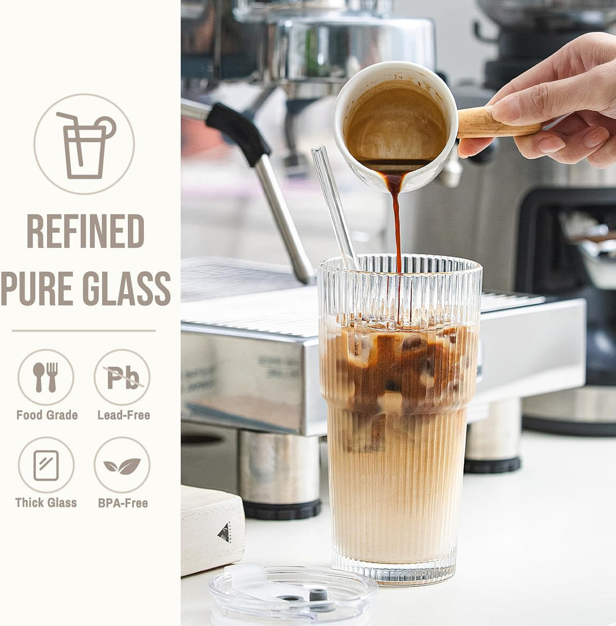 SoulTimes 20oz Ribbed Glass Tumbler with Bamboo Lid and Straw – Iced Coffee Glasses Cups for Smoothie, Matcha, Juice, Water etc. Leakproof and Reusable Glassware Drinking for Travel To Go 【2 Pack】