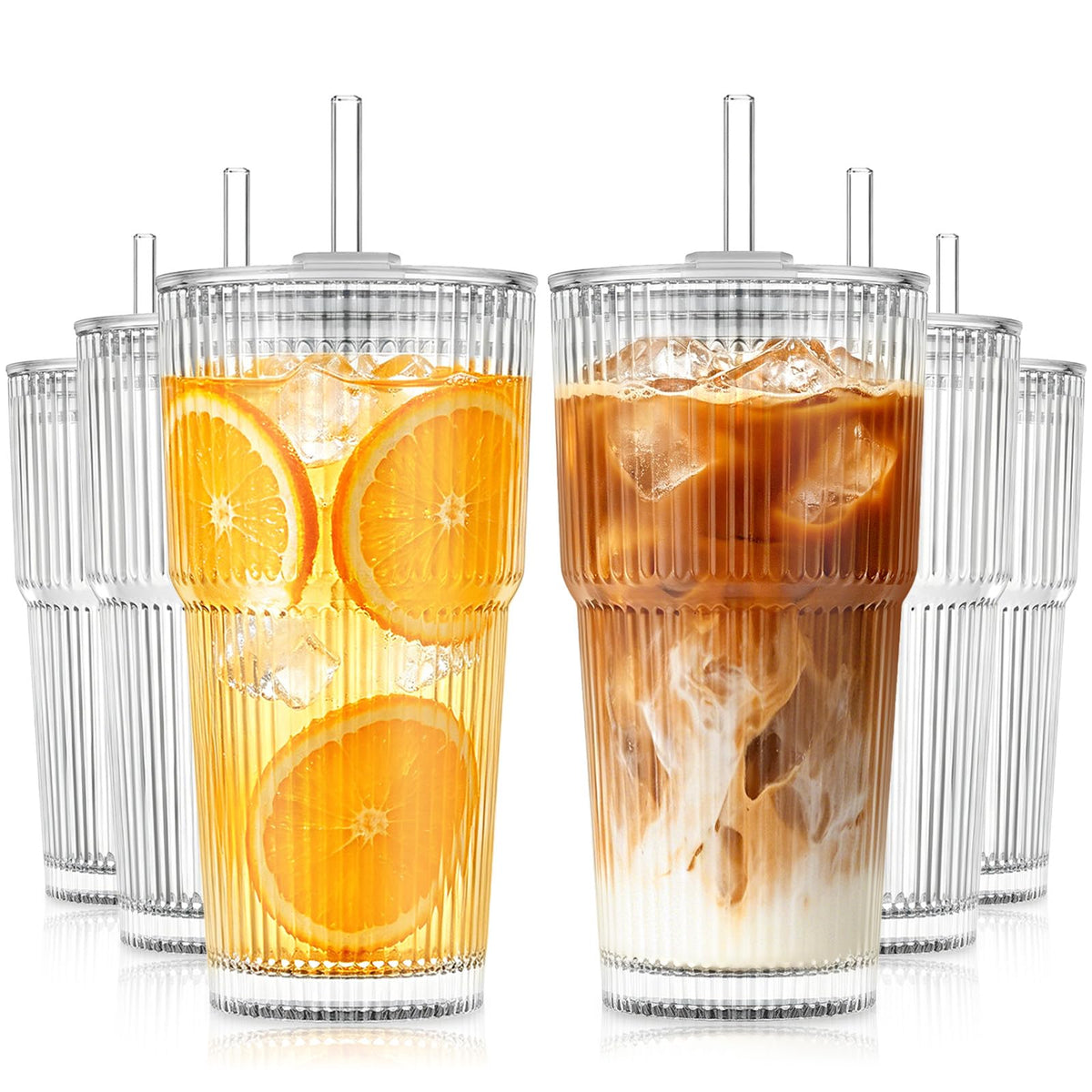KEMORELA 20oz Ribbed Glass Tumblers with Lids and Straws,Iced Coffee Cups