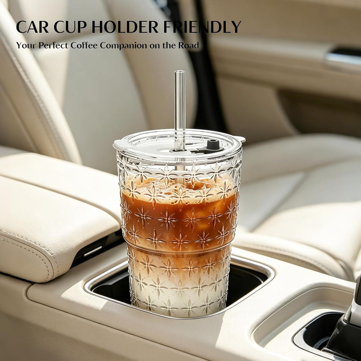 INSETLAN 20 oz Iced Coffee Cups with Lids and Straw, Set of 4 Glass Tumbler